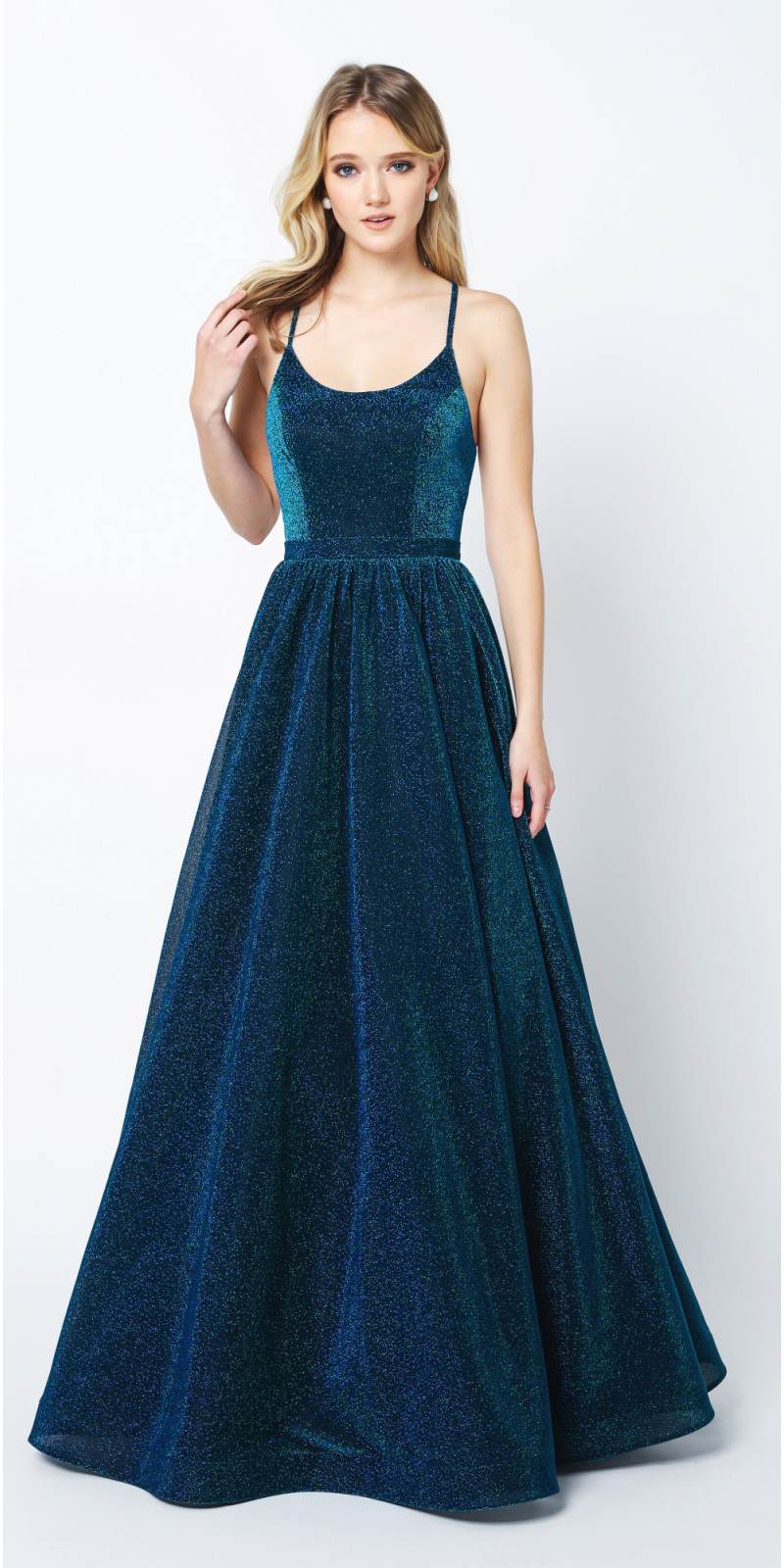 Juliet 204 Criss Cross Back Ball Gown Style Glitter Dress by DiscountDressShop