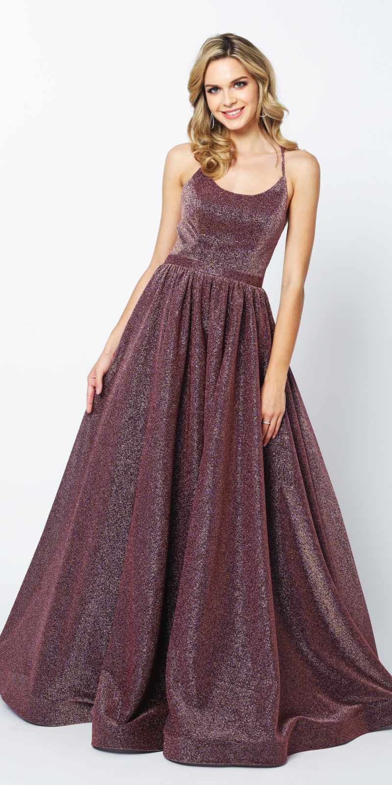 Juliet 204 Criss Cross Back Ball Gown Style Glitter Dress by DiscountDressShop