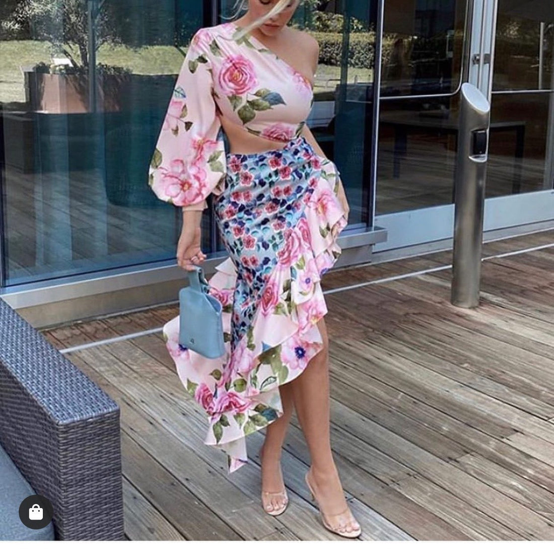 Summer Women Clothing Maxi Dress Asymmetric Tube Top Single Sleeve Waist Tight Floral Stitching Dress by Ragazza