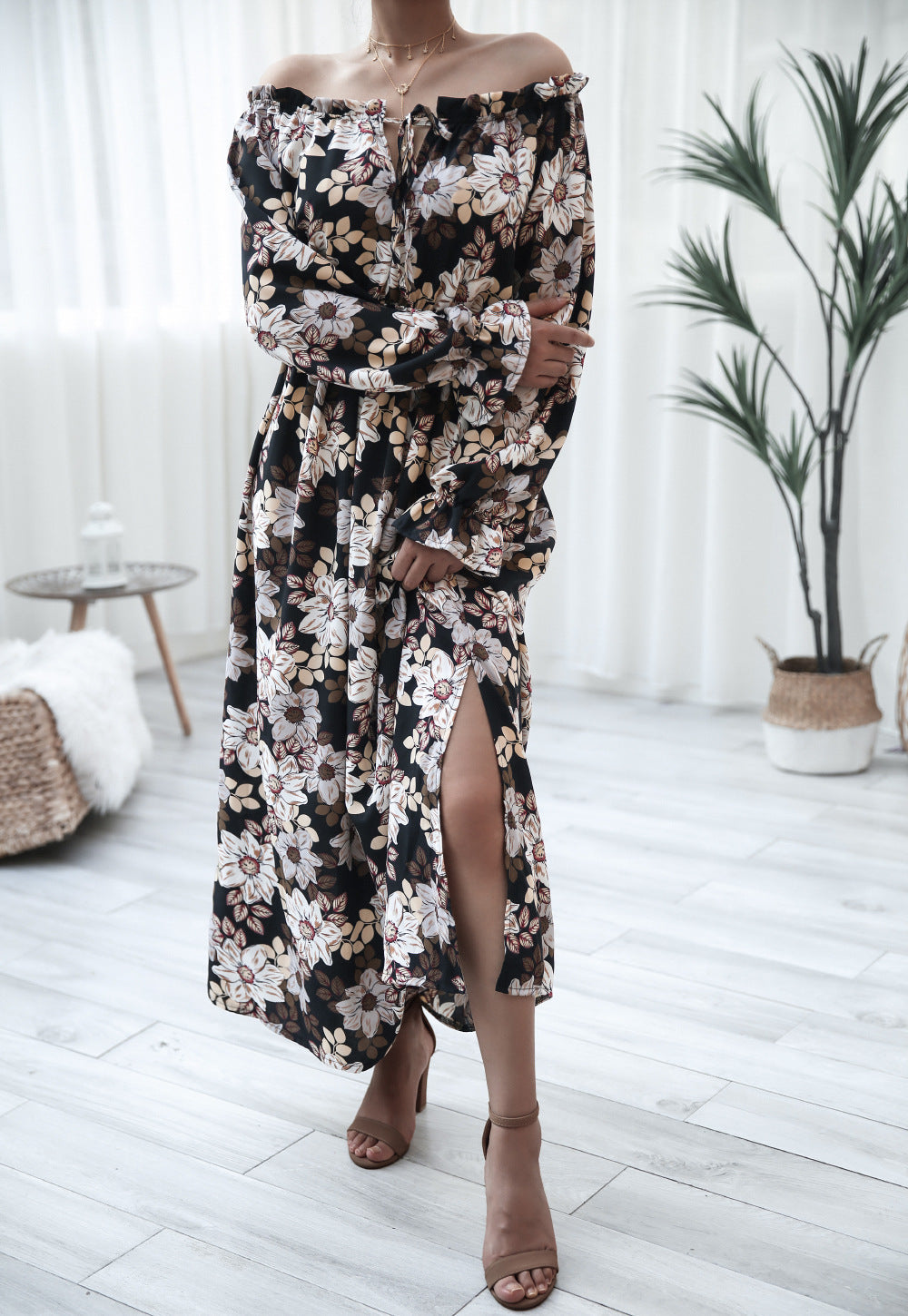 Floral Bell Sleeve Wooden Ear Strapless Vacation Dress Women Clothing by Ragazza