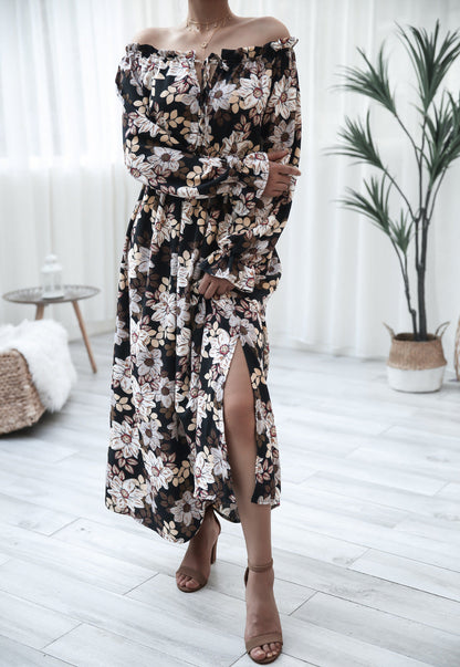 Floral Bell Sleeve Wooden Ear Strapless Vacation Dress Women Clothing by Ragazza