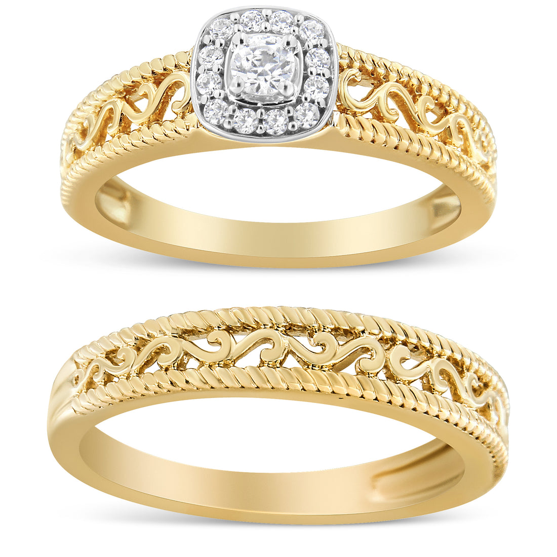 14K Yellow Gold Plated .925 Sterling Silver 1/5 Cttw Diamond Halo and Milgrain Finish Engagement Ring Bridal Set (I-J Color I3 Clarity) - Size 7 by Bids.com