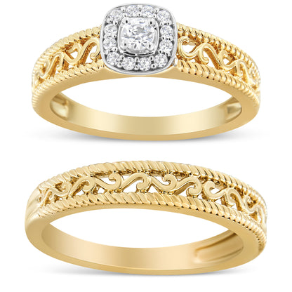 14K Yellow Gold Plated .925 Sterling Silver 1/5 Cttw Diamond Halo and Milgrain Finish Engagement Ring Bridal Set (I-J Color I3 Clarity) - Size 7 by Bids.com