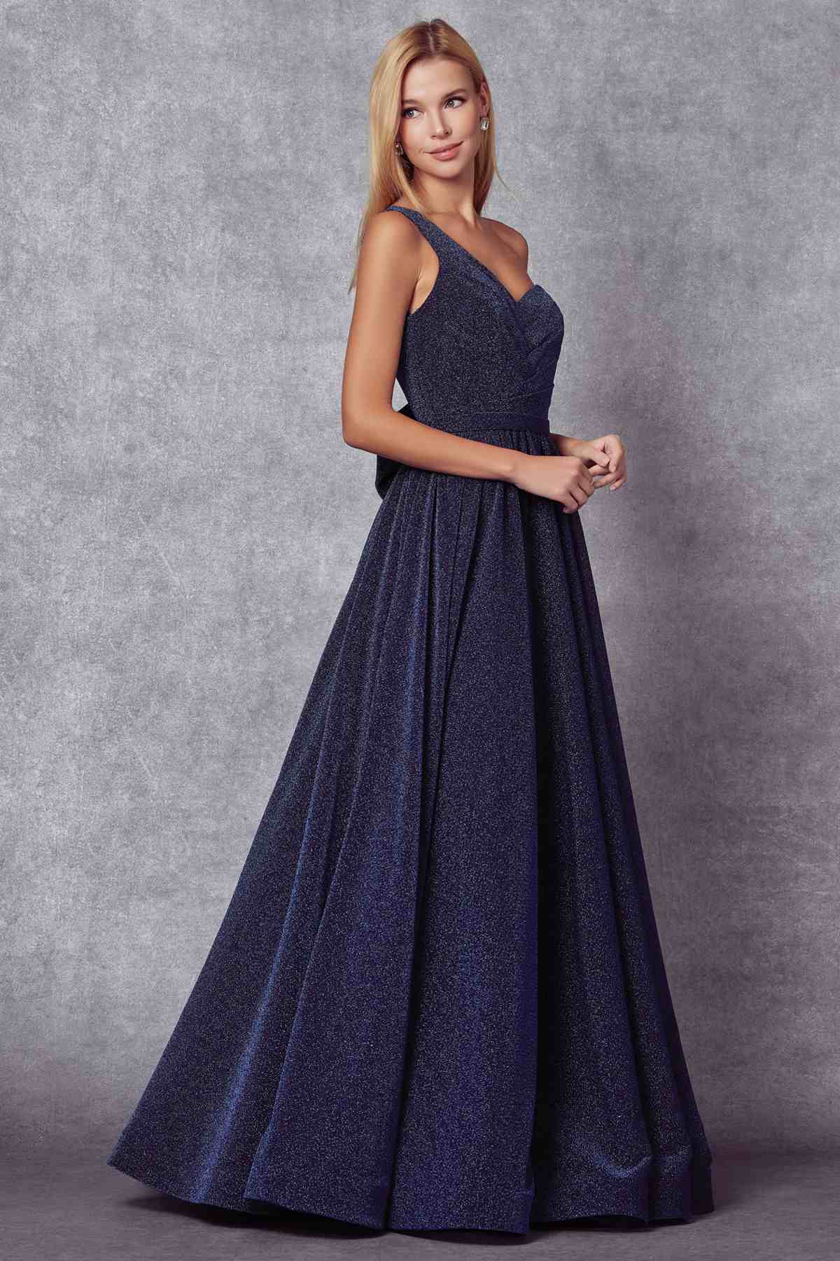 Juliet 205 Long One Shoulder Sleeveless Glitter Gown by DiscountDressShop