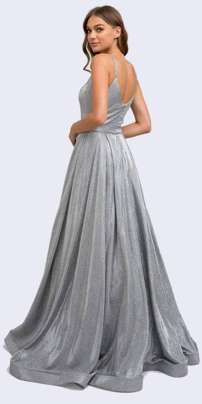 Juliet 206 Long A-Line Glitter Gown Side Pockets by DiscountDressShop