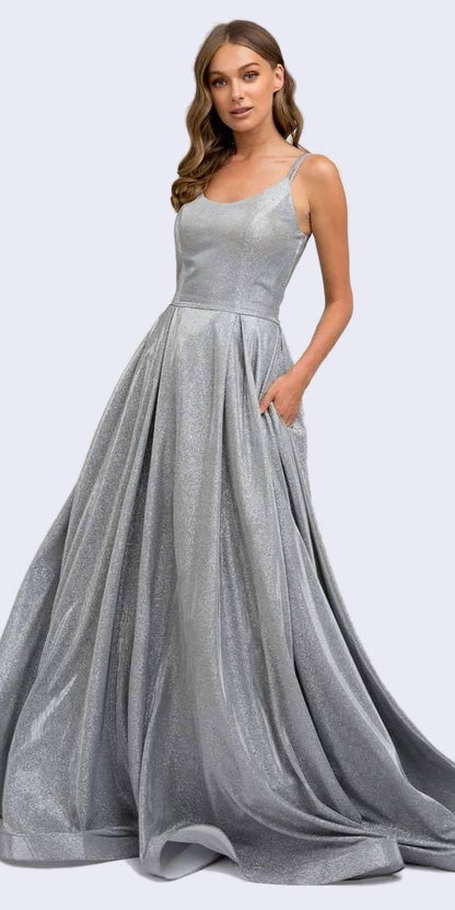 Juliet 206 Long A-Line Glitter Gown Side Pockets by DiscountDressShop