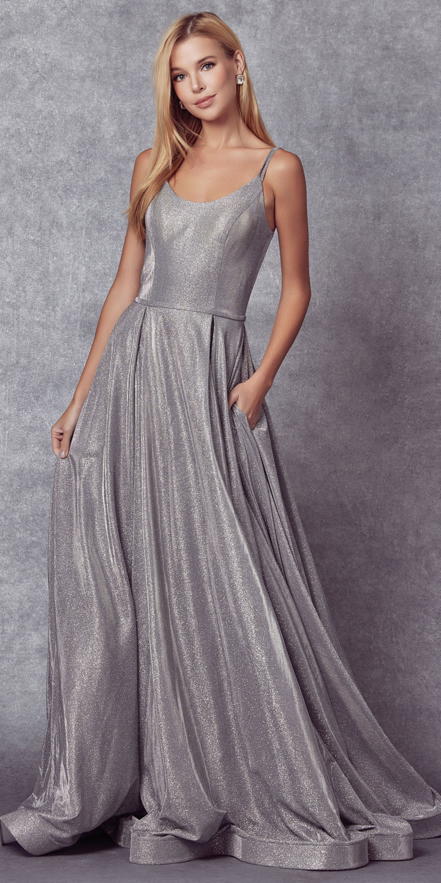 Juliet 206 Long A-Line Glitter Gown Side Pockets by DiscountDressShop