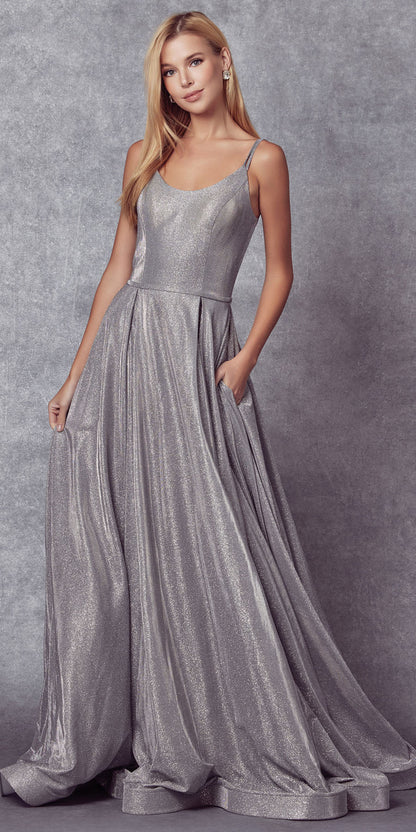 Juliet 206 Long A-Line Glitter Gown Side Pockets by DiscountDressShop