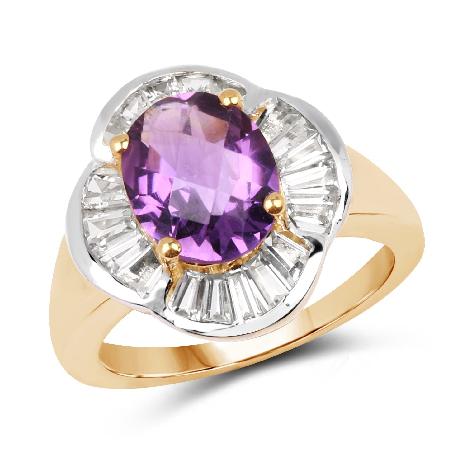 14K Yellow Gold Plated 3.35 Carat Genuine Amethyst &amp; White Topaz .925 Sterling Silver Ring  DestGlow