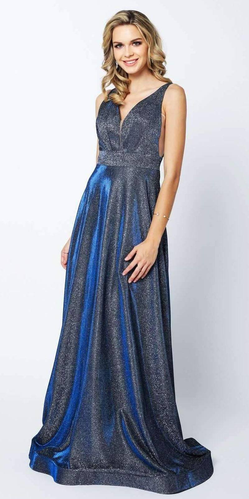 Juliet 208 Cut-Out Strappy Back Glitter Long Dress by DiscountDressShop