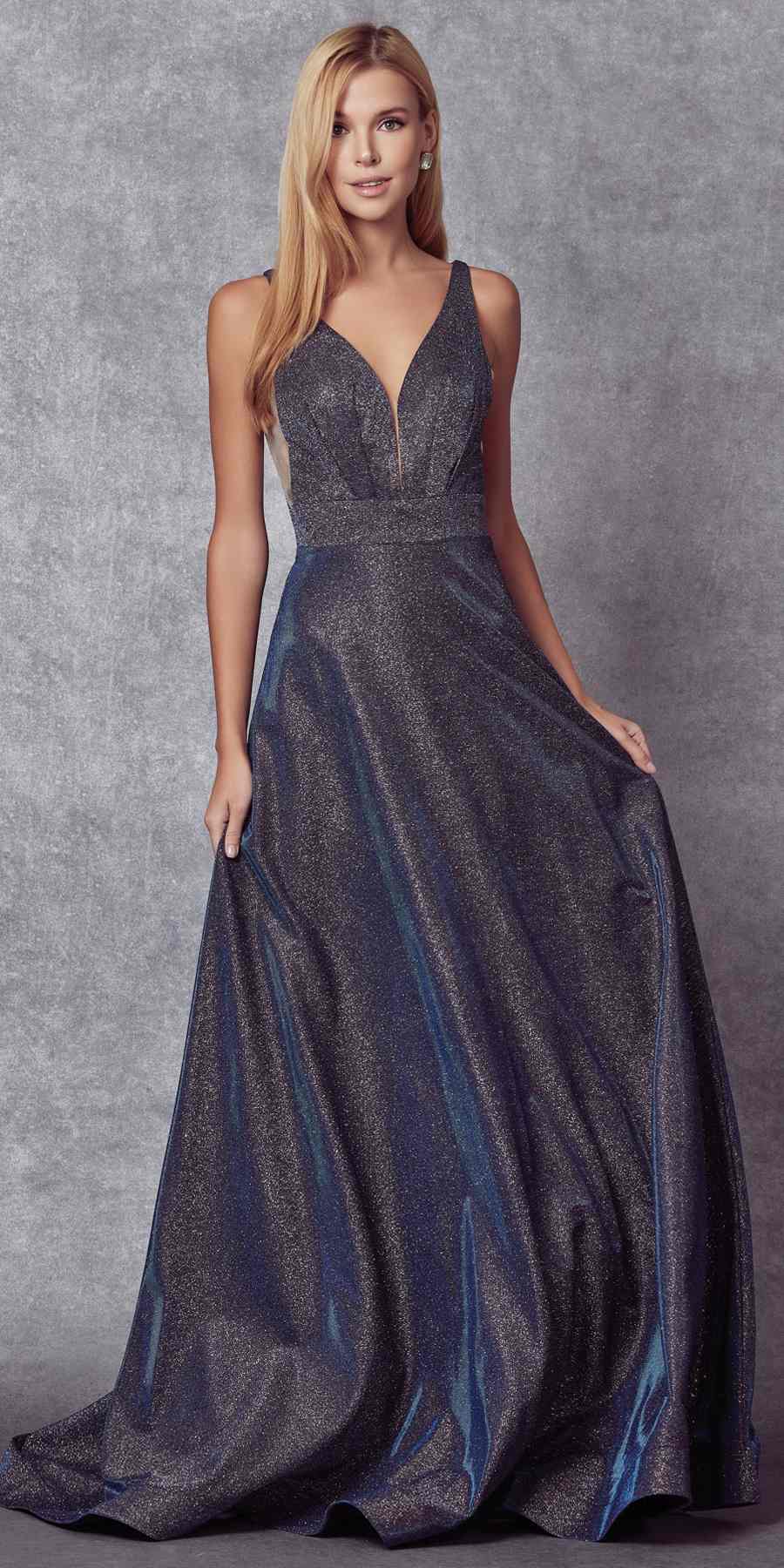 Juliet 208 Cut-Out Strappy Back Glitter Long Dress by DiscountDressShop