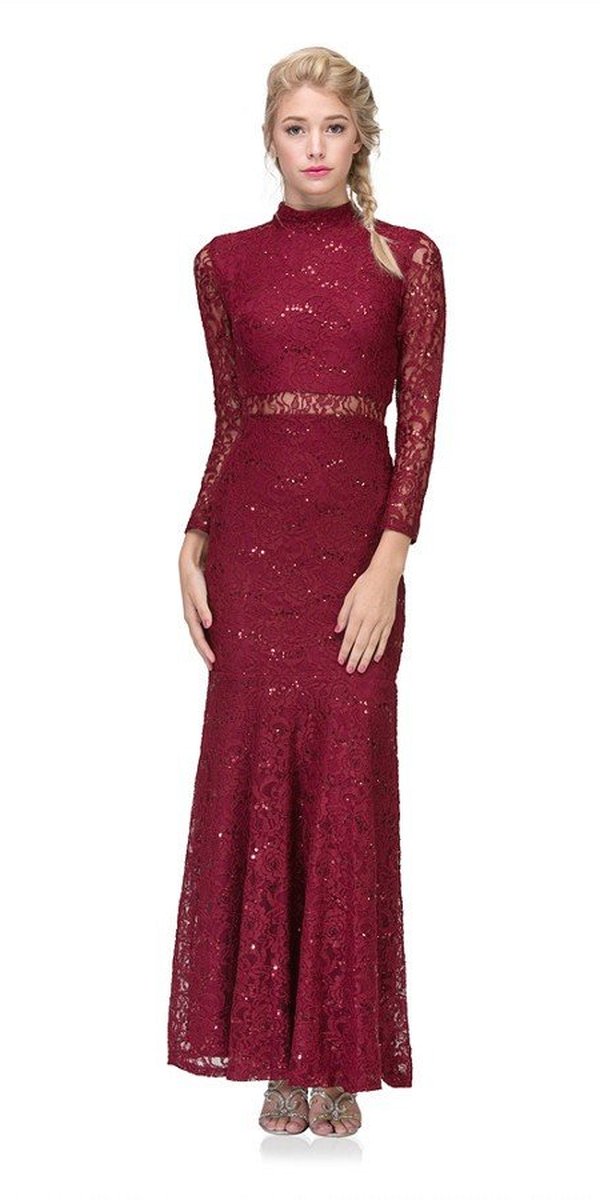 CLEARANCE - Eureka 2095 Long Sleeve Lace Dress Mock 2-Piece High Neck (Size Small) by DiscountDressShop