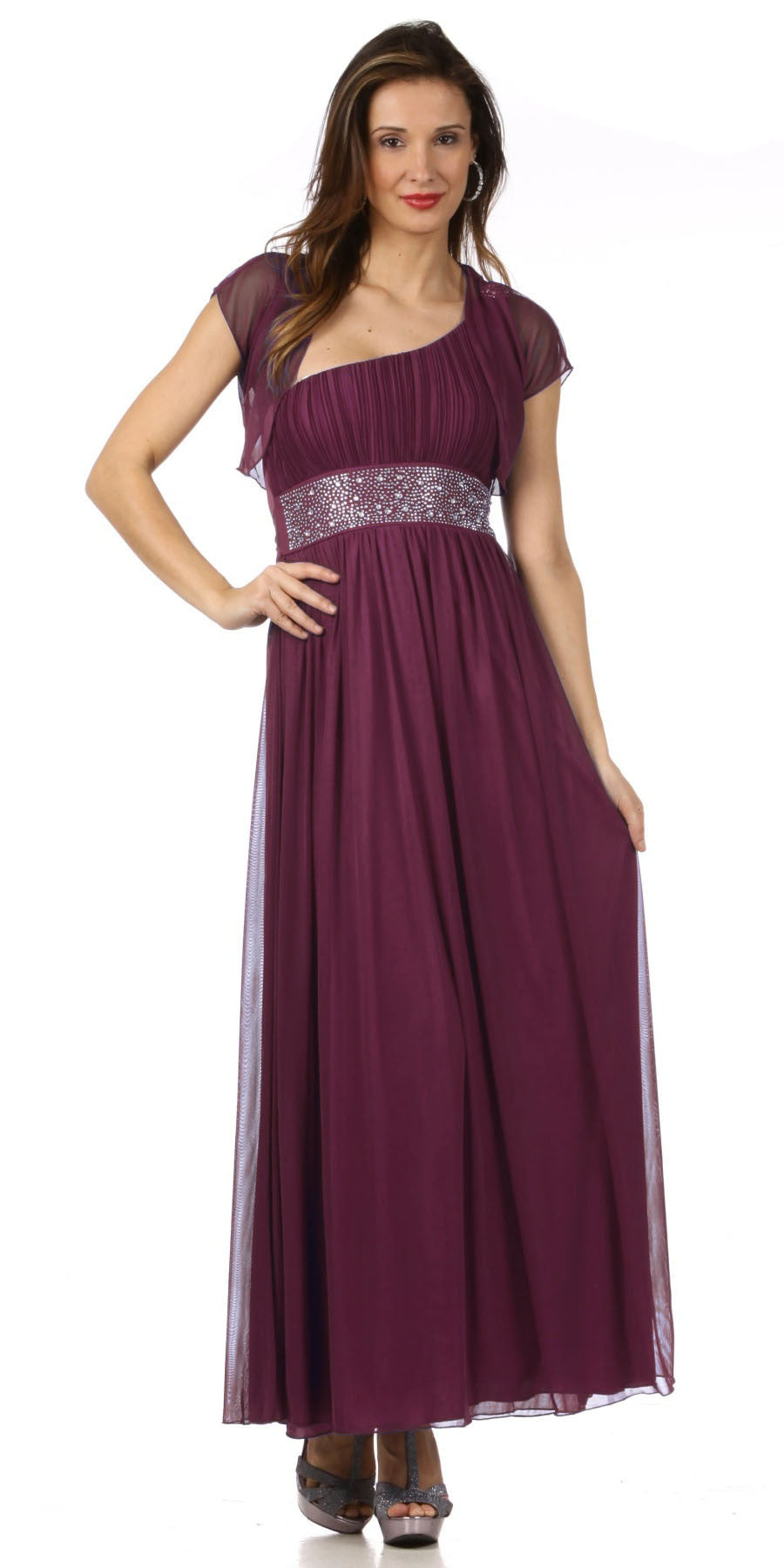 CLEARANCE - Celavie 2095L Dinner Party Long Plum One Shoulder Dress Chiffon (Size XL) by DiscountDressShop