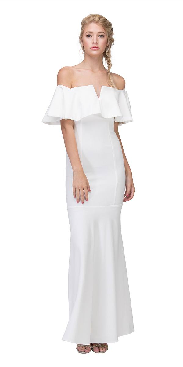 CLEARANCE - Eureka 2102 Long Dress Off Shoulder with V-Notch Ruffled Bodice (Size XL) by DiscountDressShop