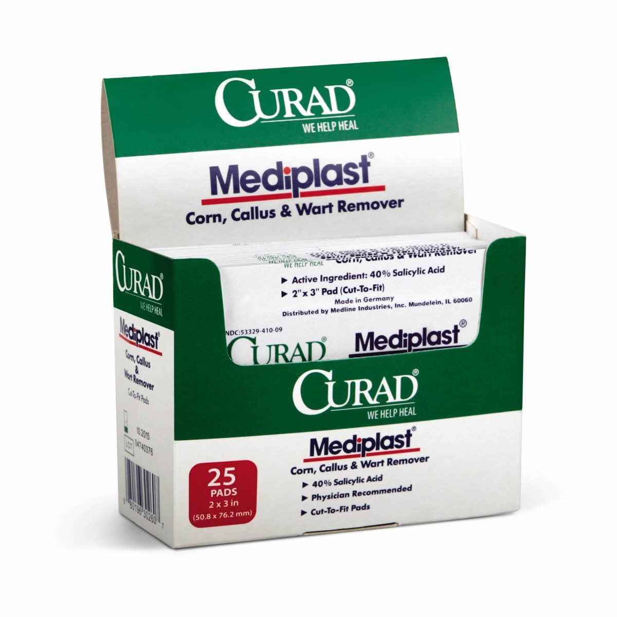 Curad Mediplast Corn, Callus &amp; Wart Remover Pads – 40% Salicylic Acid, Cut-to-Fit, 2" x 3", 25 Count