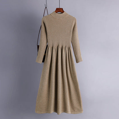 Autumn Winter Half High Collar Swing Long Knitted Dress Waist Controlled Slimming Long Sleeve Simple Dinified Sweater Bottoming Women by Ragazza