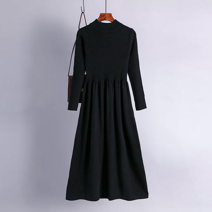 Autumn Winter Half High Collar Swing Long Knitted Dress Waist Controlled Slimming Long Sleeve Simple Dinified Sweater Bottoming Women by Ragazza