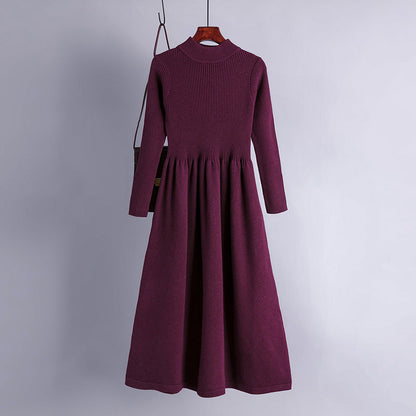 Autumn Winter Half High Collar Swing Long Knitted Dress Waist Controlled Slimming Long Sleeve Simple Dinified Sweater Bottoming Women by Ragazza