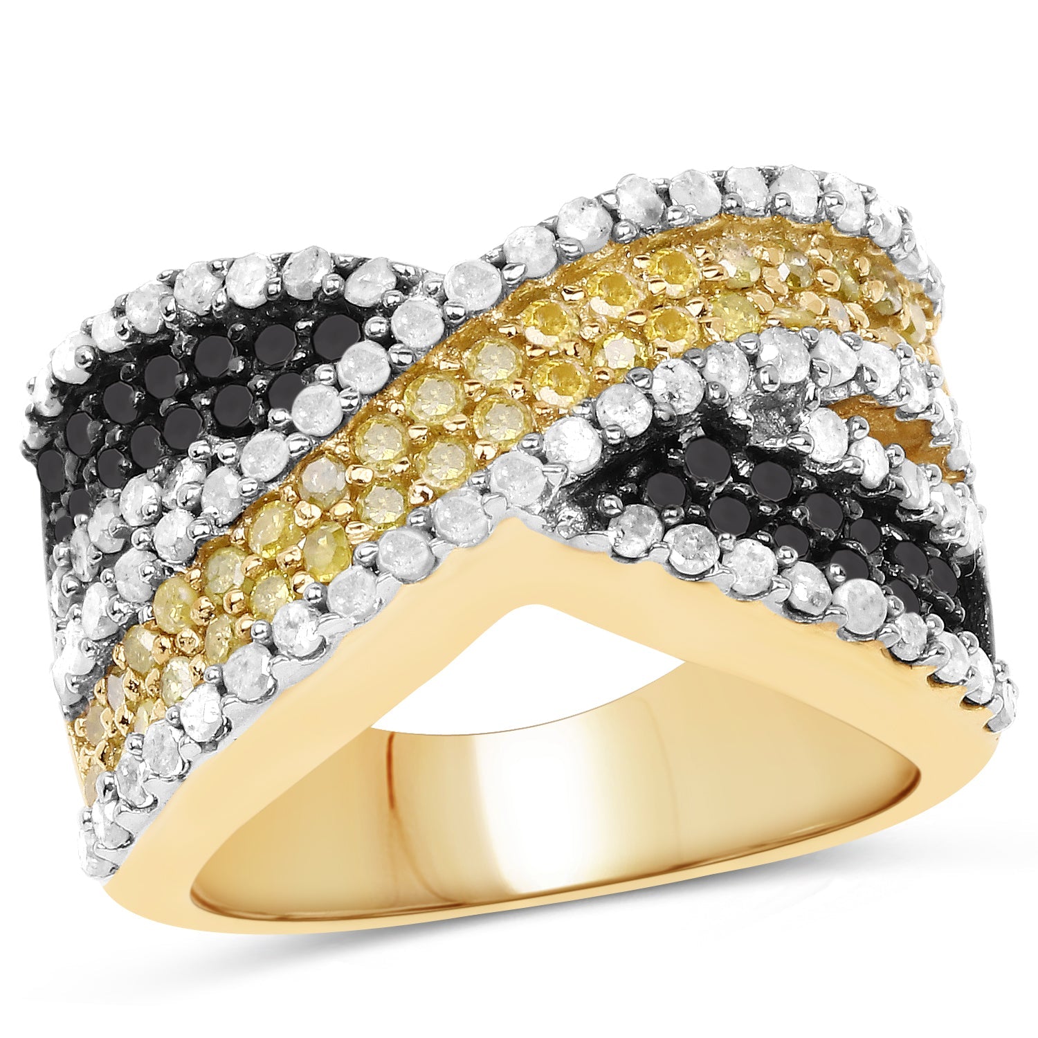 14K Yellow Gold Plated 1.58 Carat Genuine Black Diamond, White Diamond &amp; Yellow Diamond .925 Sterling Silver Ring by Bids.com