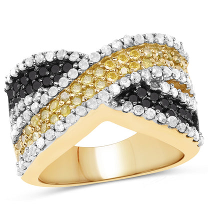 14K Yellow Gold Plated 1.58 Carat Genuine Black Diamond, White Diamond &amp; Yellow Diamond .925 Sterling Silver Ring by Bids.com
