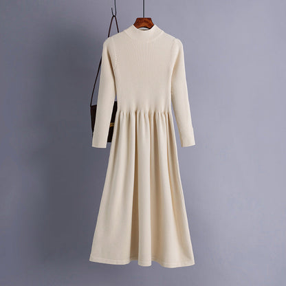 Autumn Winter Half High Collar Swing Long Knitted Dress Waist Controlled Slimming Long Sleeve Simple Dinified Sweater Bottoming Women by Ragazza