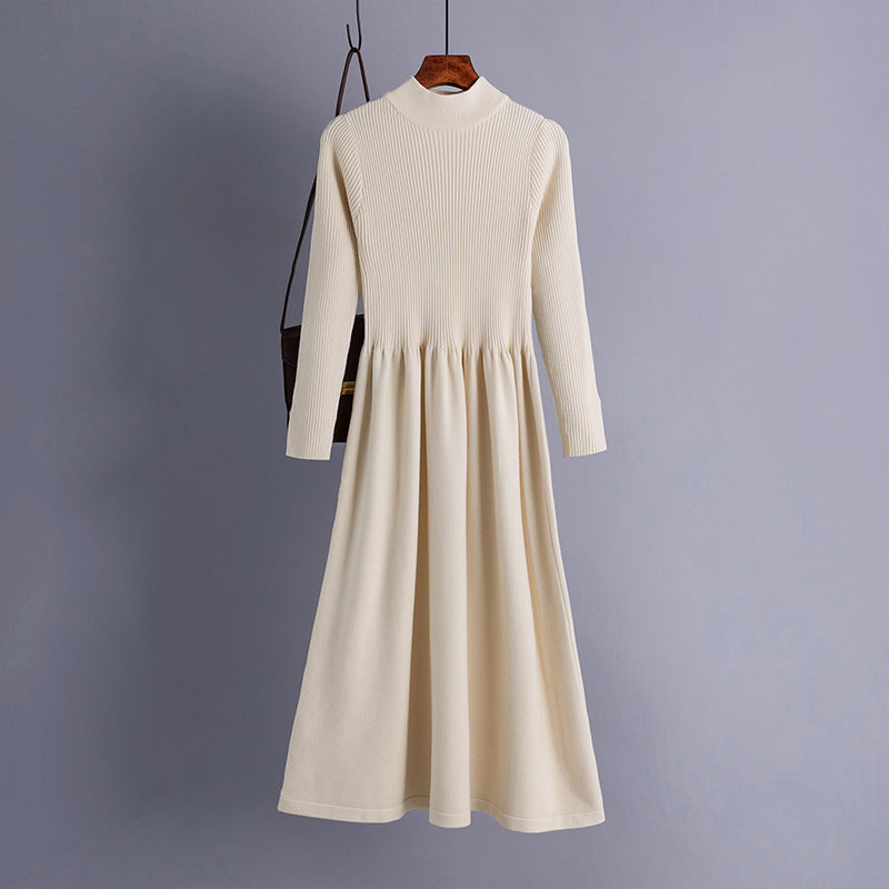 Autumn Winter Half High Collar Swing Long Knitted Dress Waist Controlled Slimming Long Sleeve Simple Dinified Sweater Bottoming Women by Ragazza