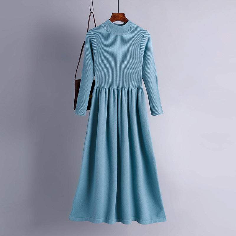 Autumn Winter Half High Collar Swing Long Knitted Dress Waist Controlled Slimming Long Sleeve Simple Dinified Sweater Bottoming Women by Ragazza