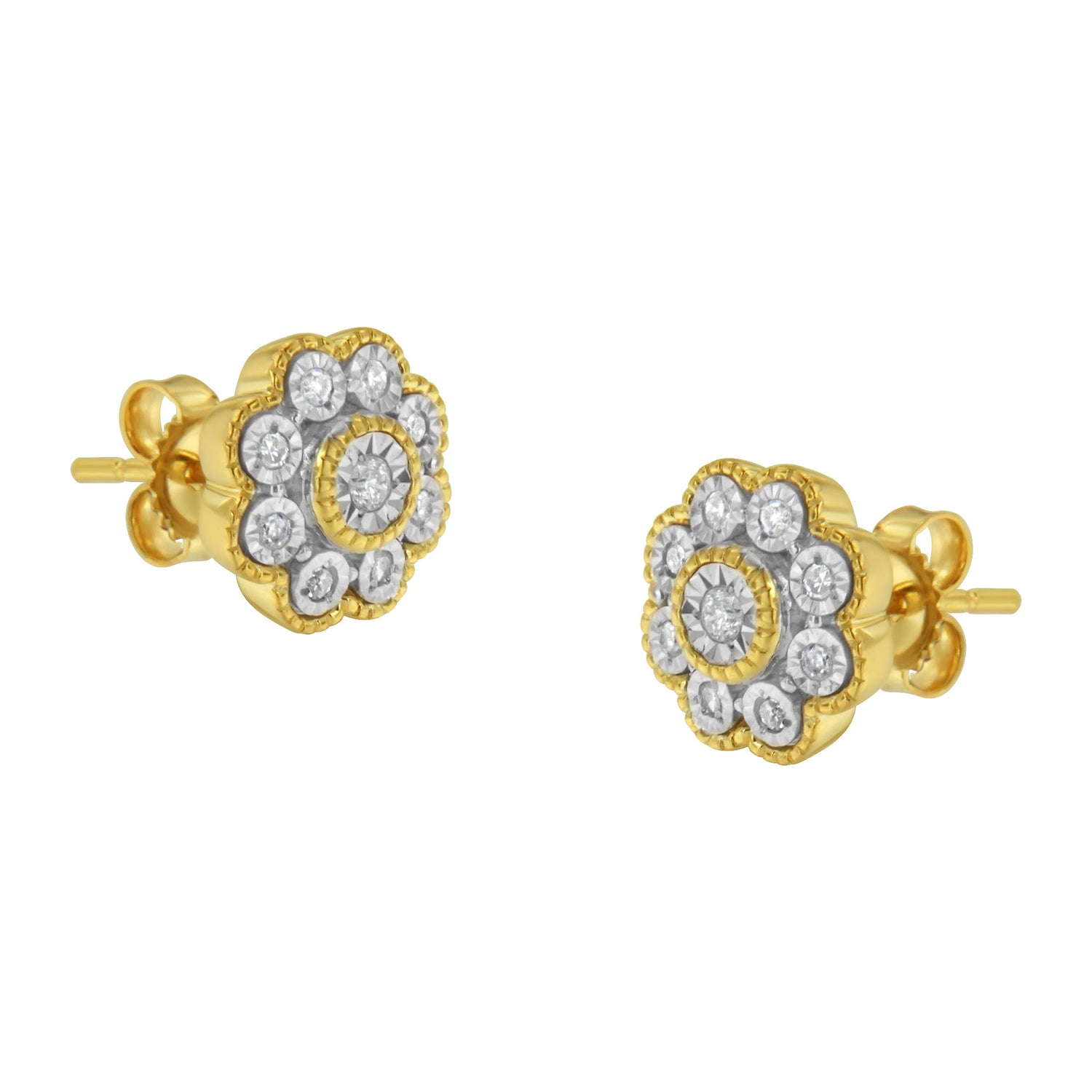 14K Yellow Gold Plated .925 Sterling Silver 1/6 Cttw Miracle-Plate Set Diamond Floral Stud Earrings (I-J Color, I2-I3 Clarity) by Bids.com