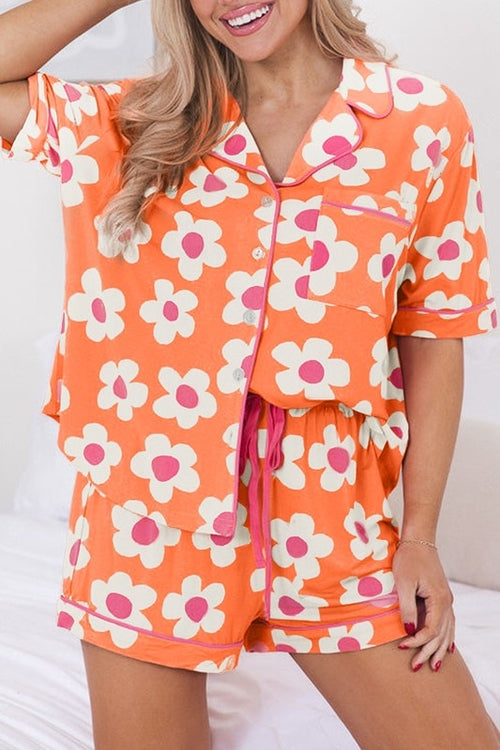 Women's Floral Print Pajama Set - V-Neck Short Sleeve Shirt & Drawstring Shorts