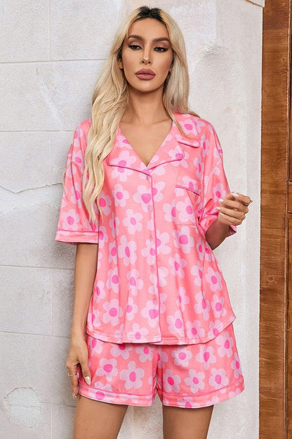 Women's Floral Print Pajama Set - V-Neck Short Sleeve Shirt & Drawstring Shorts