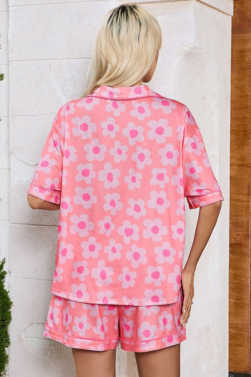 Women's Floral Print Pajama Set - V-Neck Short Sleeve Shirt & Drawstring Shorts