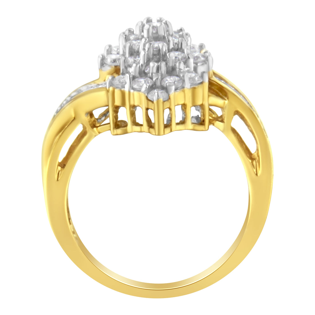 10K Yellow Gold Round And Baguette Cut Diamond Cluster Ring (1 1/10 Cttw, H-I Color, SI2-I1 Clarity) - Size 7 by Bids.com