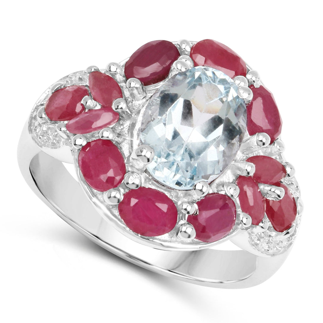 3.54 Carat Genuine Aquamarine, Ruby and White Topaz .925 Sterling Silver Ring by Bids.com