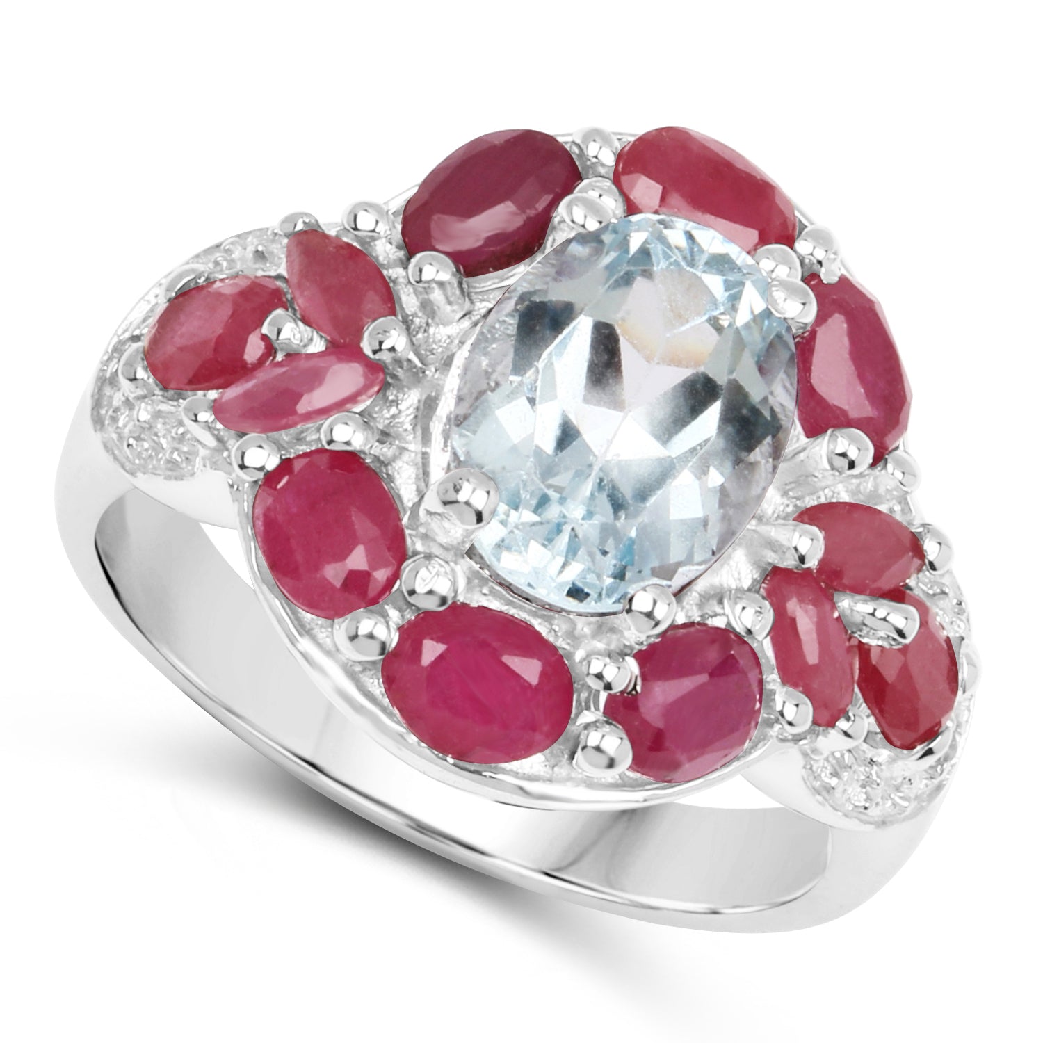 3.54 Carat Genuine Aquamarine, Ruby and White Topaz .925 Sterling Silver Ring by Bids.com