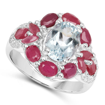 3.54 Carat Genuine Aquamarine, Ruby and White Topaz .925 Sterling Silver Ring by Bids.com