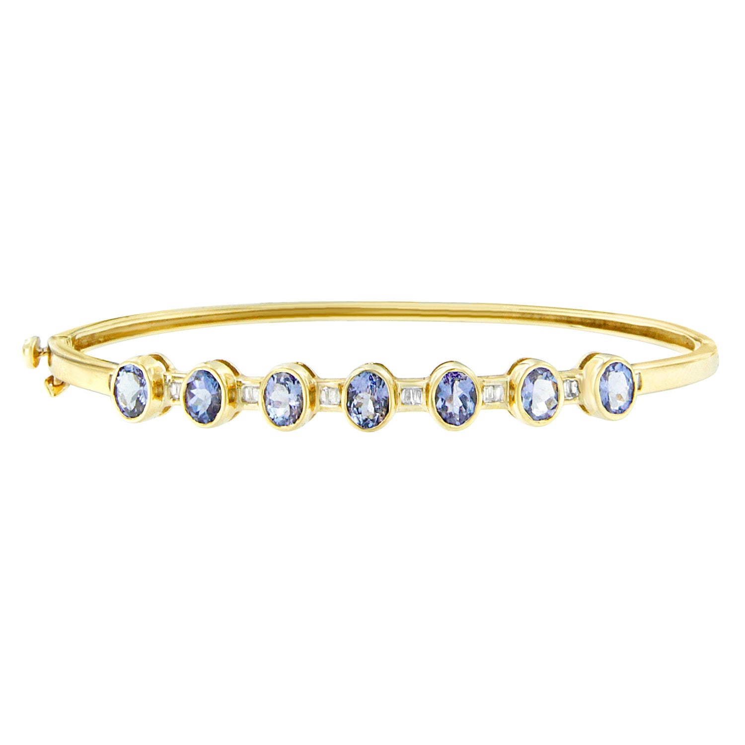 14K Yellow Gold Alternating Bezel Set 5MM Oval Shaped Tanzanite and 1/5 Cttw Diamond Bangle Bracelet (H-I Color, VS2-SI1 Clarity) - Fit&