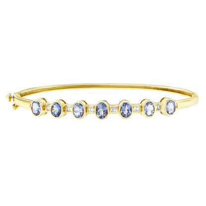 14K Yellow Gold Alternating Bezel Set 5MM Oval Shaped Tanzanite and 1/5 Cttw Diamond Bangle Bracelet (H-I Color, VS2-SI1 Clarity) - Fit&