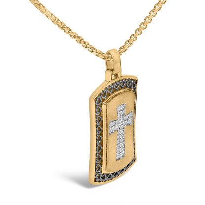 14K Yellow Gold Plated Sterling Silver 1/4 Cttw Diamond Cross Dog Tag Pendant Necklace by Bids.com