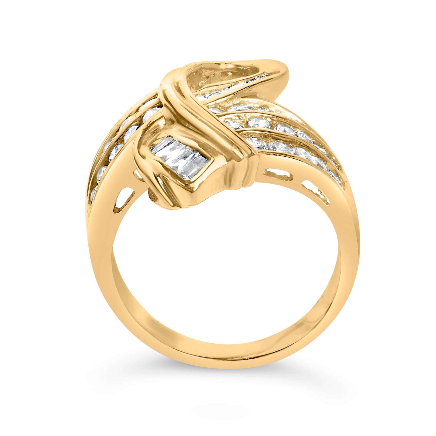 14K Yellow Gold 1 1/3 Cttw Channel Set Diamond Bypass Cocktail Ring (J-K Color, I1-I2 Clarity) - Ring Size 7 by Bids.com