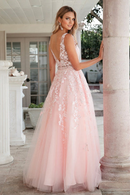Juliet 224 V-Neck and Back Embroidered Tulle A-Line Ball Gown by DiscountDressShop