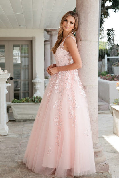 Juliet 224 V-Neck and Back Embroidered Tulle A-Line Ball Gown by DiscountDressShop
