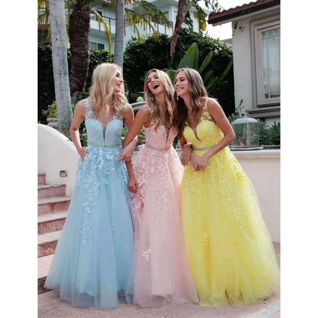 Juliet 224 V-Neck and Back Embroidered Tulle A-Line Ball Gown by DiscountDressShop