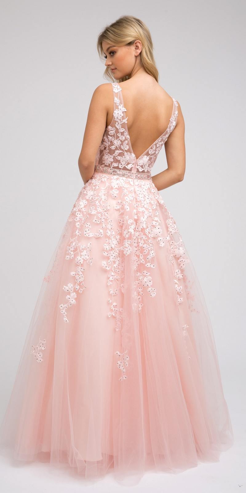 Juliet 224 V-Neck and Back Embroidered Tulle A-Line Ball Gown by DiscountDressShop