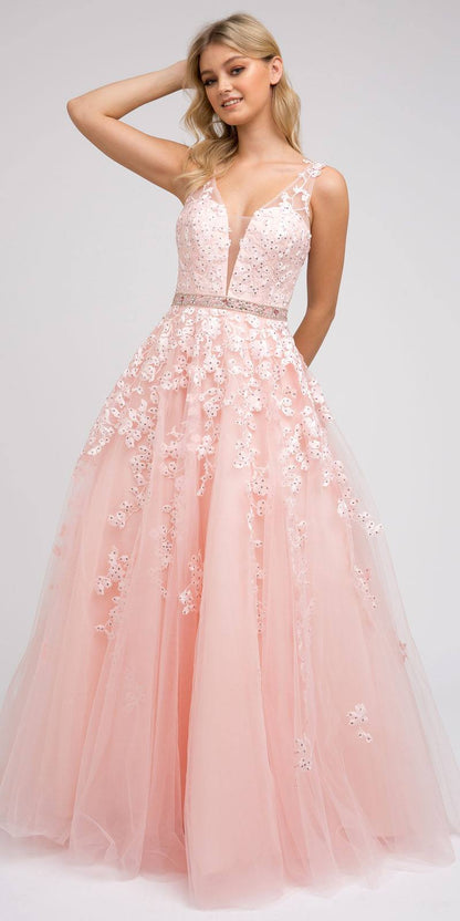 Juliet 224 V-Neck and Back Embroidered Tulle A-Line Ball Gown by DiscountDressShop
