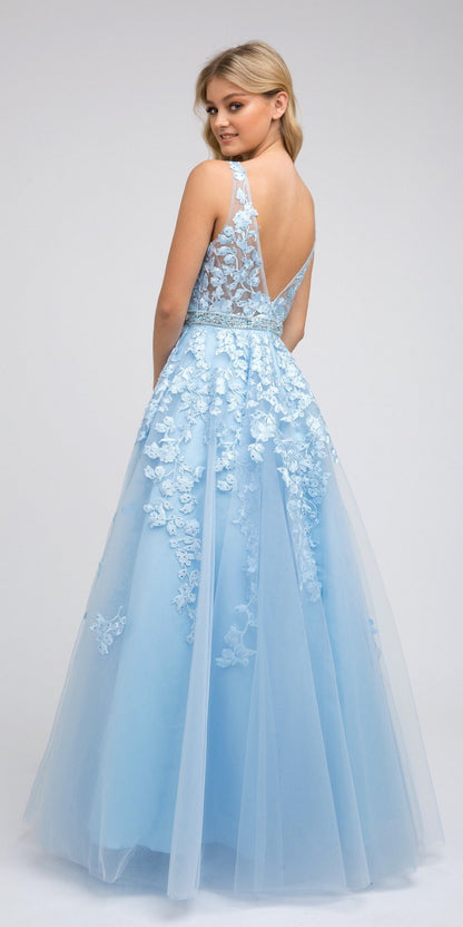 Juliet 224 V-Neck and Back Embroidered Tulle A-Line Ball Gown by DiscountDressShop