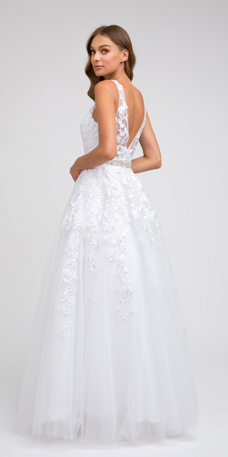 Juliet 224 V-Neck and Back Embroidered Tulle A-Line Ball Gown by DiscountDressShop