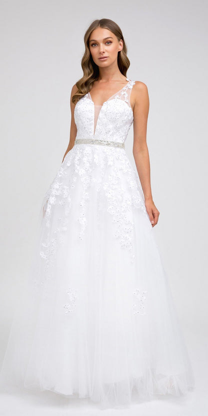 Juliet 224 V-Neck and Back Embroidered Tulle A-Line Ball Gown by DiscountDressShop