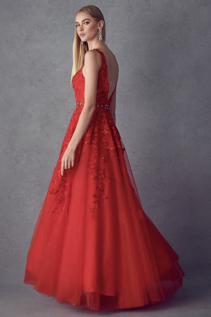 Juliet 224 V-Neck and Back Embroidered Tulle A-Line Ball Gown by DiscountDressShop