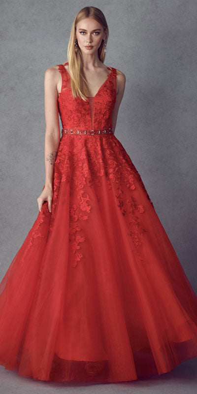 Juliet 224 V-Neck and Back Embroidered Tulle A-Line Ball Gown by DiscountDressShop