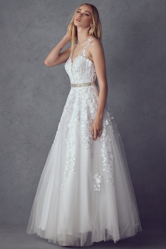 Juliet 224 V-Neck and Back Embroidered Tulle A-Line Ball Gown by DiscountDressShop